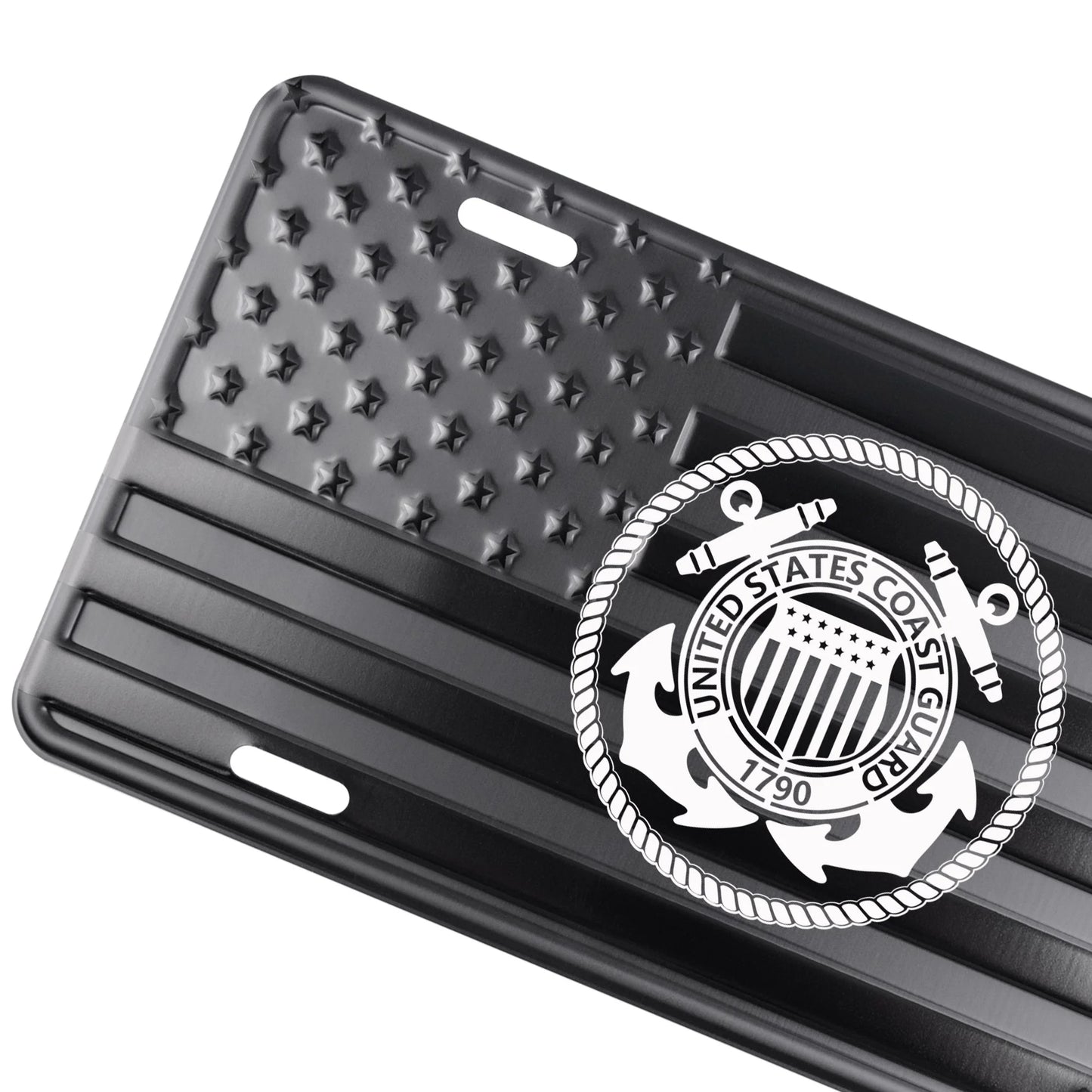 Embossed American Flag License Plate with Laser Etched U.S. Coast Guard Log in the Center BB4