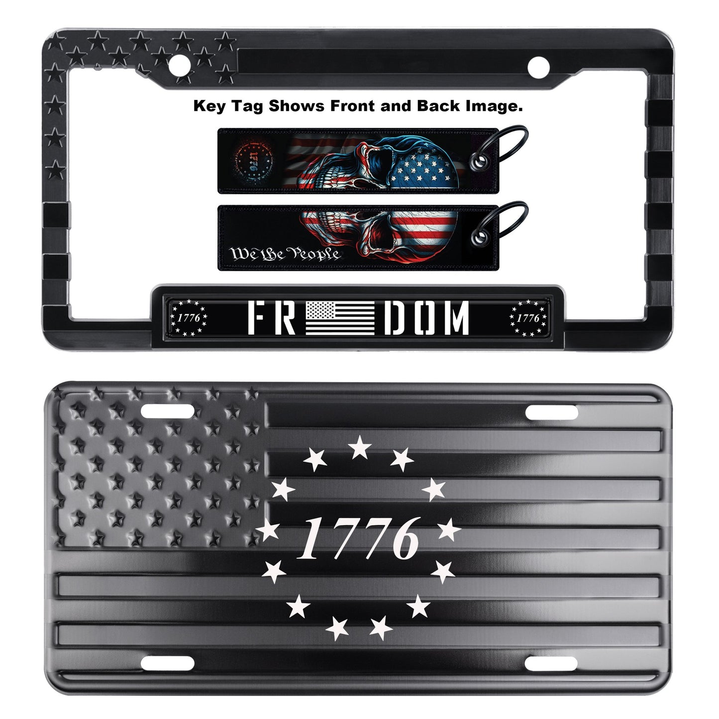 1776 American Flag License Plate, Frame, and Key Tag Combo Black-on-Matte Black