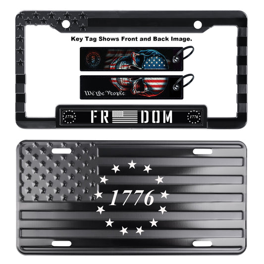 1776 American Flag License Plate, Frame, and Key Tag Combo Black-on-Matte Black
