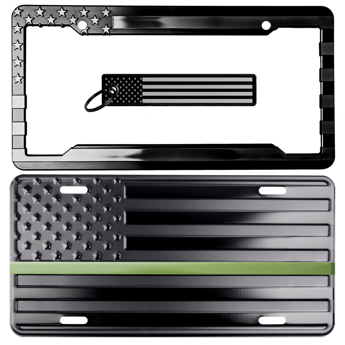 1776 American Flag License Plate, Frame, and Key Tag Combo Black-on-Matte Black