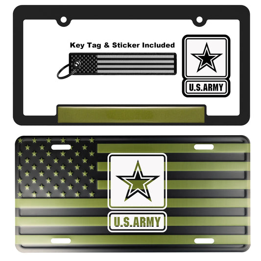Army OD Green License Plate, Frame, and Key Tag & Sticker Combo