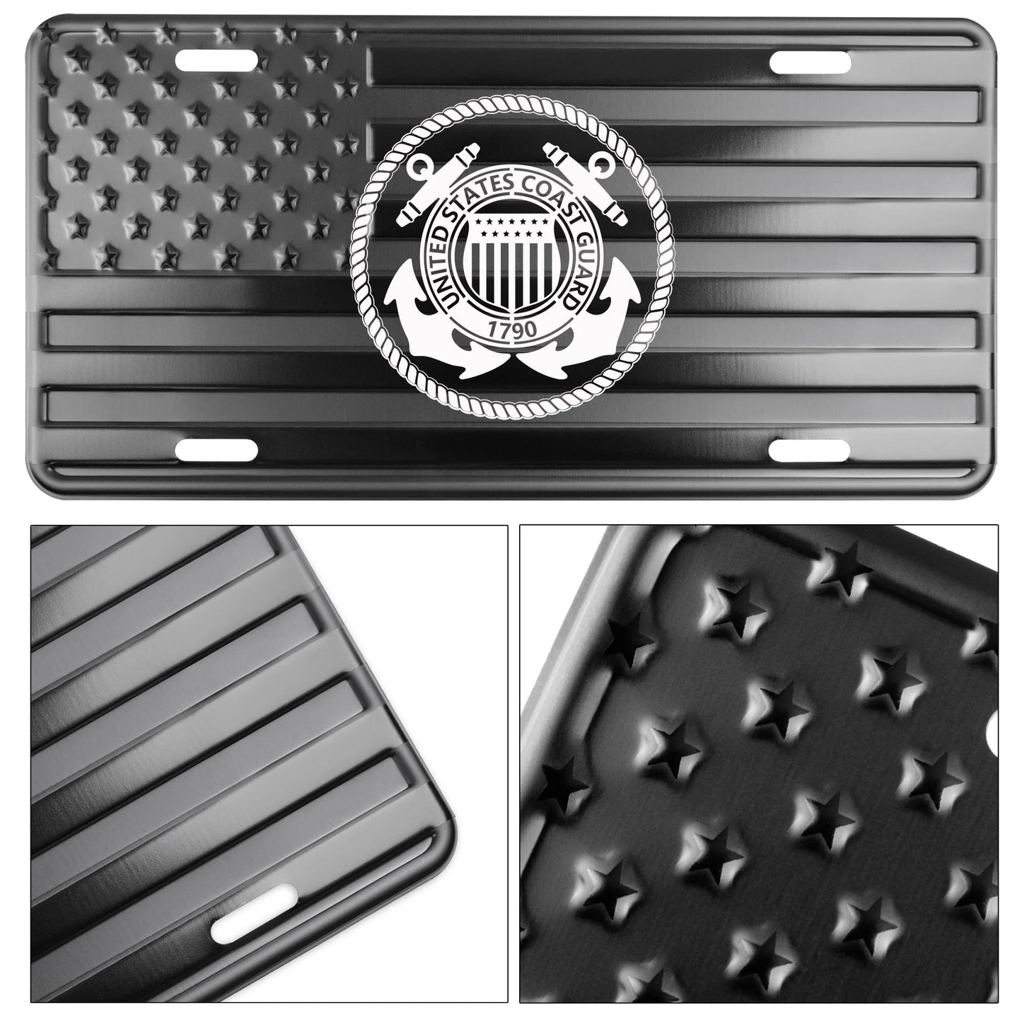 Embossed American Flag License Plate with Laser Etched U.S. Coast Guard Log in the Center BB4